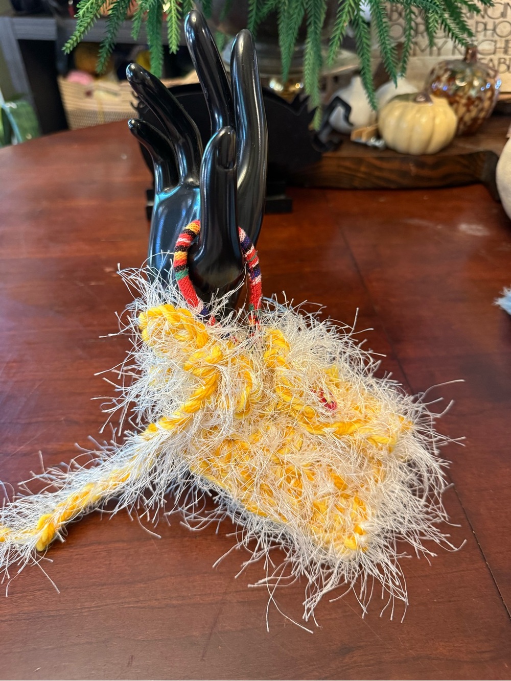 Handmade Yellow Fuzzy Clutch Wristlet with Multicolor Strap